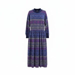 Christian de Castelnau Vintage 80s Geometric Long Sleeve Midi Dress Medium